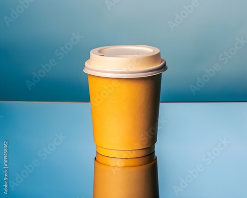A single orange disposable coffee cup with a lid sits on a reflective surface with a blue background