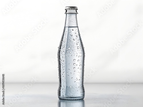 Clear glass bottle filled with sparkling water and condensation