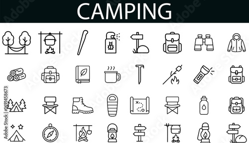 Camping Icon Set for Outdoor Gear, Nature Adventures, and Travel UI Design