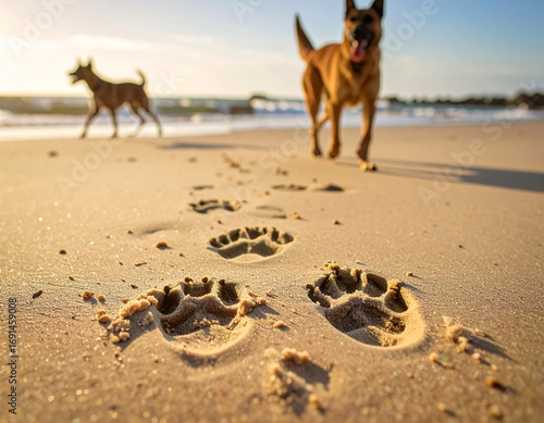 Dog pawprints in wet sand on beach with dog silhouette in background, natural outdoor scenery symbolizing adventure, companionship and coastal wilderness exploration