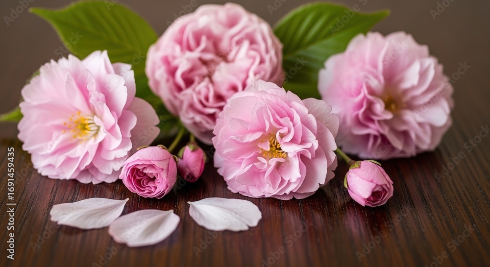 Fototapeta premium Delicate Pink Cherry Blossoms and Petals on a Dark Wooden Surfac