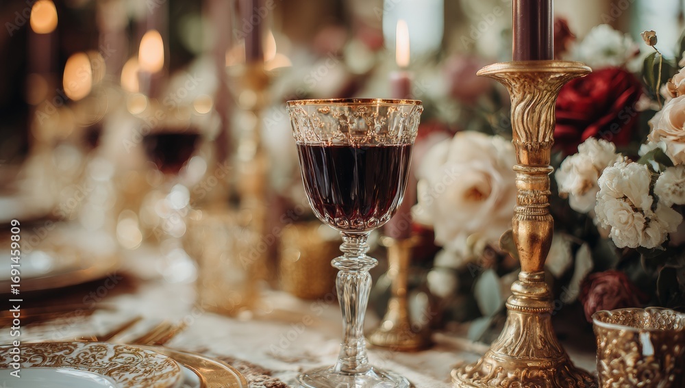 Fototapeta premium Elegant table setting with wine glass and flowers