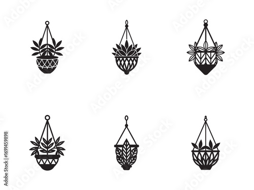 Collection of Hanging Plant Pot Silhouettes Minimalist Home Decor and Interior Design Elements Featuring Variety of Plant Types