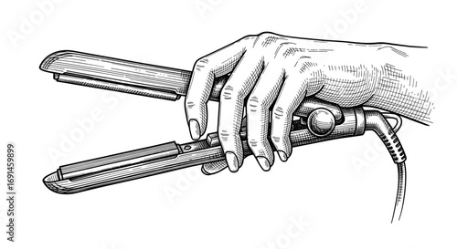 Female hand holding hair straightener flat iron – detailed hand-drawn black and white vintage sketch. Vector engraving illustration, perfect for beauty, hair care, cosmetics, and salon themes.