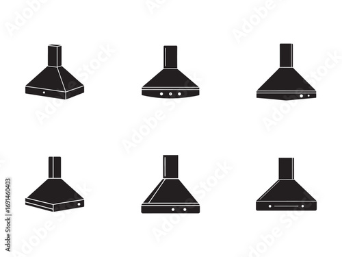 Collection of Kitchen Range Hood Icons in Black Silhouette for Interior Design Projects and Appliance Catalogs