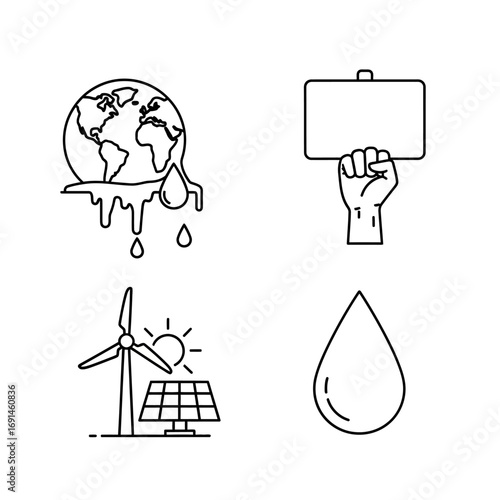 Line art icons depicting environmental issues, climate change, renewable energy, water conservation, and environmental activism.