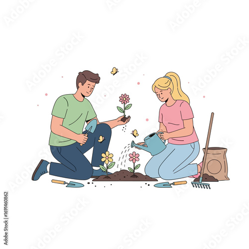 A young couple happily gardening together, planting flowers and watering them.