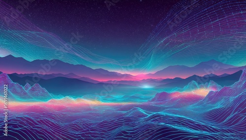 Digital landscape at sunrise