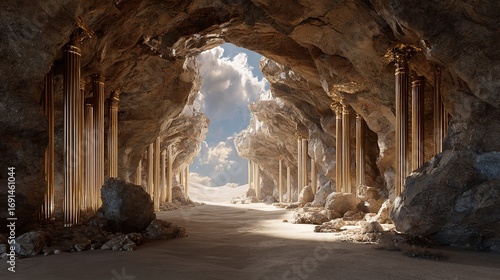 Fototapeta Naklejka Na Ścianę i Meble -  Golden columns line a cavernous passage, leading to a sunlit desert beyond