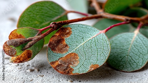 Eucalyptus leaves with brown spots on a twig against a blurred background.