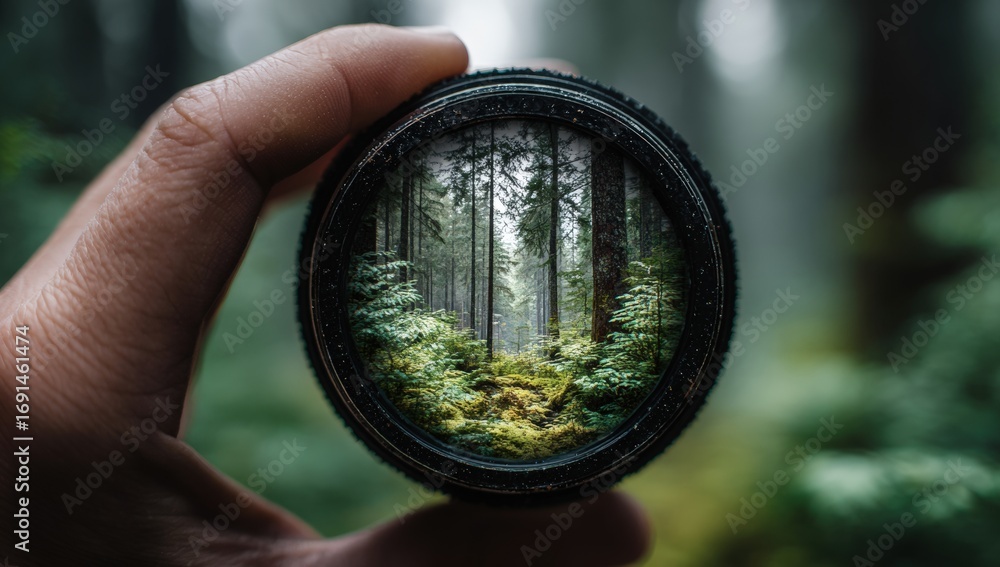 Naklejka premium A hand holds a camera lens, framing a misty forest scene