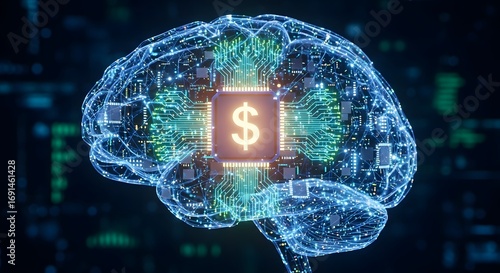 AI Brain with Dollar Sign Chip: Financial Intelligence, Digital Wealth, and Business Technology Concept