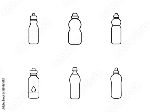 Collection of minimalist water bottle icons illustrating hydration and beverage containers for sports and daily life designs