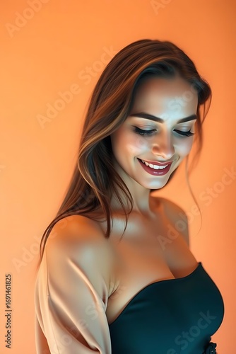 Beautiful woman with radiant smile, natural beauty, ideal for skincare, cosmetics, or wellness campaigns
