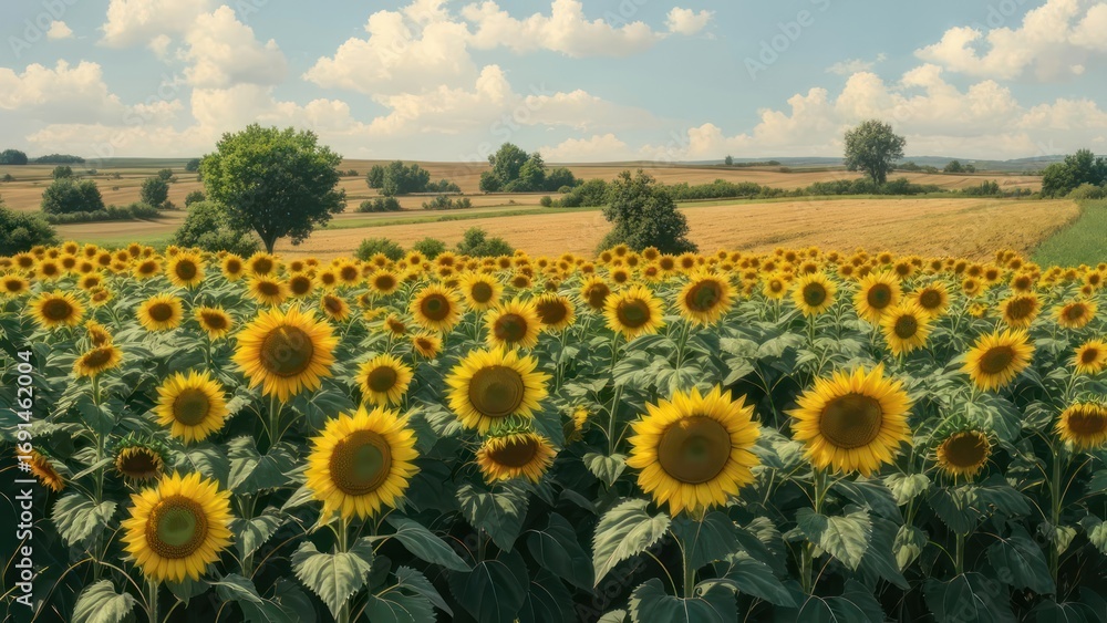Obraz premium Sunflowers field under a partly cloudy sky
