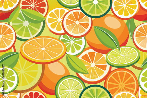 Vibrant seamless pattern of fresh citrus fruit slices and leaves in a bright sunny arrangement