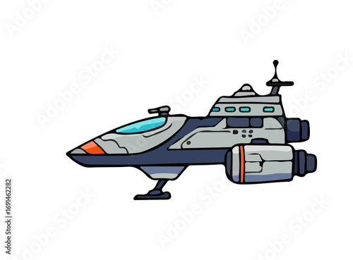 Futuristic Spaceship in Flight: A sleek and futuristic spaceship, poised in flight, embodies technological innovation and the endless expanse of the cosmos. A vector style graphic in vibrant hues.