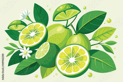 Vibrant green limes and leaves artfully arranged with white blossoms on a light background