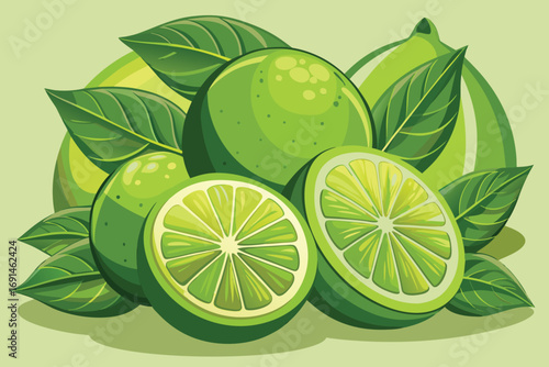 Vibrant green limes with fresh leaves whole and sliced showcasing juicy citrus fruit for healthy food and beverage concepts