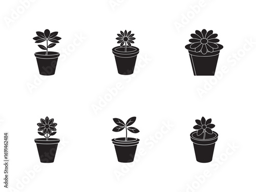 Collection of Potted Plants Black and White Silhouettes Minimalist Garden Icons Home Decor Indoor Plants Growing Flowers Gardening Hobby