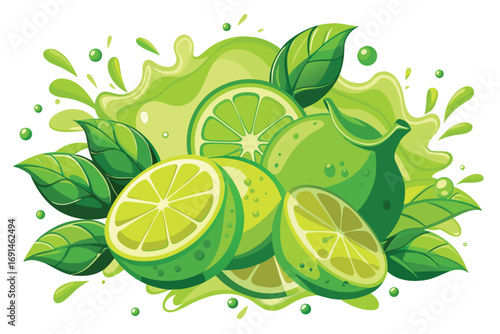 Fresh ripe limes and green leaves splashing in juicy green liquid with droplets