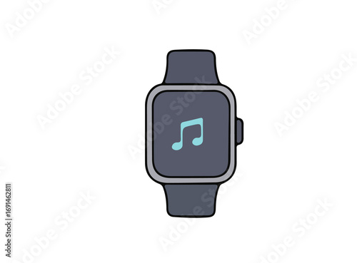 Smartwatch music: A minimalist illustration of a smartwatch showcases the universally recognizable musical note icon, set against the backdrop of its sleek design