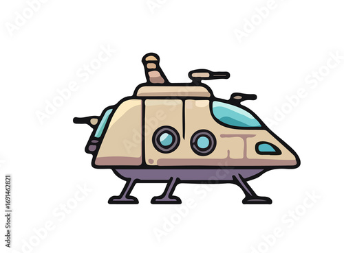 Retro Futuristic Spaceship: An artistic rendering of a vintage-inspired spaceship, ready for interstellar adventure, painted with an innovative, cartoonish design.