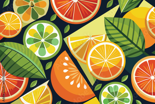 Vibrant citrus fruit slices and leaves pattern on dark blue background