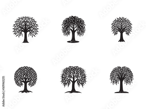 Collection of Silhouette Tree Vector Illustrations for Nature Inspired Designs and Ecological Projects Featuring Various Tree Shapes