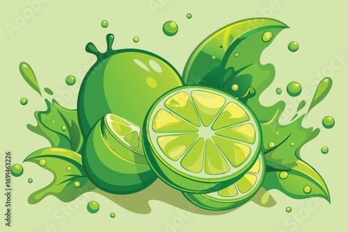 Vibrant illustration of fresh limes with splashing juice and green leaves on a light green background
