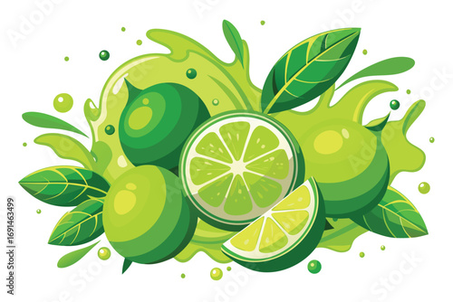 Vibrant green limes splashing and juicing with fresh leaves and droplets