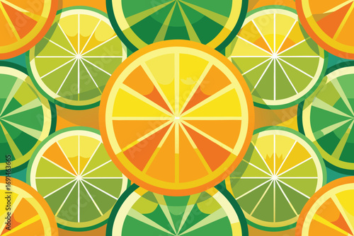 Vibrant seamless pattern of sliced citrus fruits including oranges and limes in bright colors