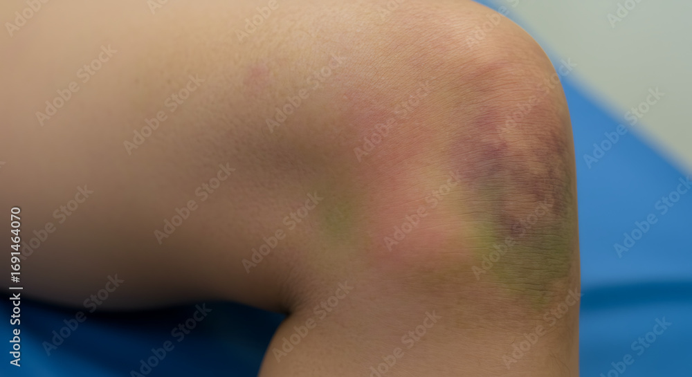 Fototapeta premium Bruised knee with varying colors on medical examination table 