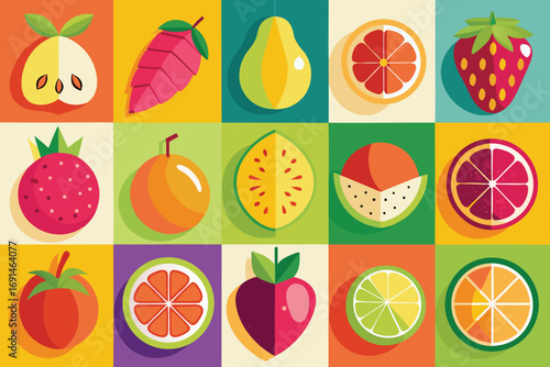 Vibrant flat design collection of fresh fruits and vegetables arranged in a grid pattern