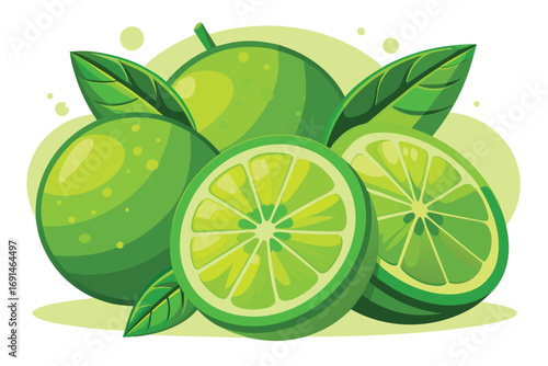 Vibrant illustration of fresh green limes with leaves and sliced citrus fruits on a light background
