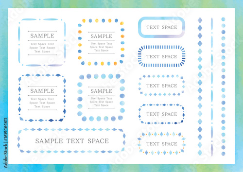13-piece set of blue watercolor squares, rectangles, and decorative lines