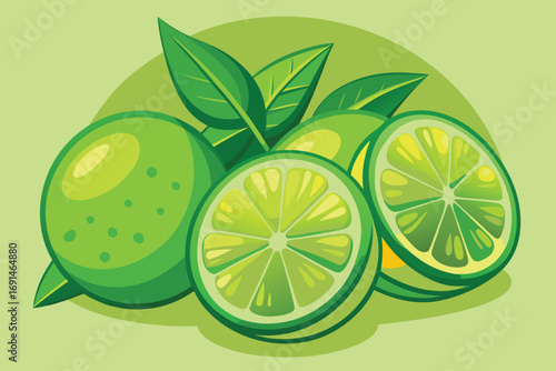 Vibrant green limes with fresh leaves and sliced halves on a light green background