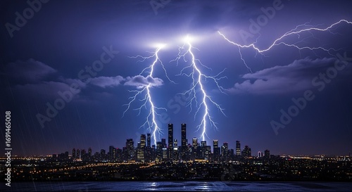 Dramatic Lightning Strikes Over City Skyline During Intense Nigh