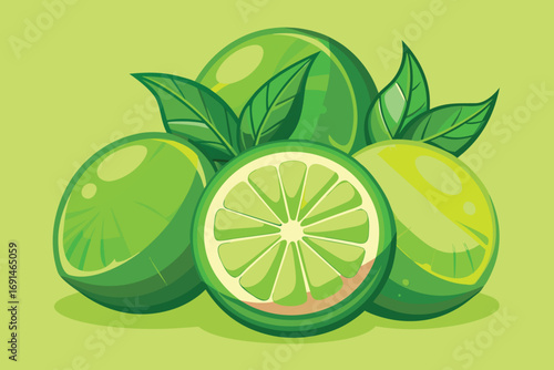 Vibrant green limes with fresh leaves arranged on a light green background in a still life composition