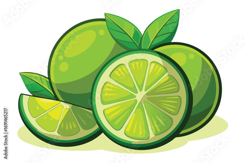Vibrant green limes whole and sliced with fresh leaves on a white background