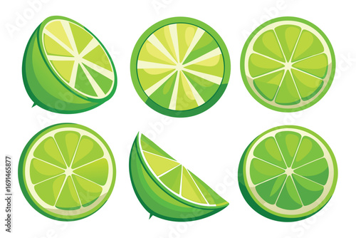Collection of fresh green lime slices and wedges isolated on white background for healthy food and beverage design