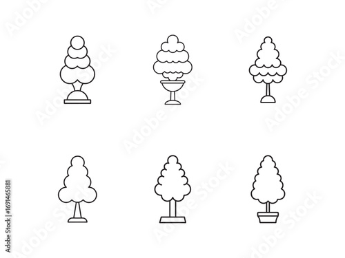 Collection of Six Ornamental Tree Illustrations in Simple Line Art Style Against a White Background for Design Elements