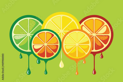 Vibrant sliced citrus fruits with dripping juice on a bright green background