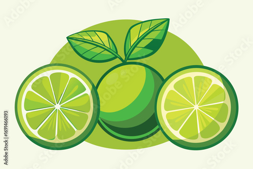 Vibrant illustration of a whole lime with two halves showcasing its juicy interior and fresh green leaves