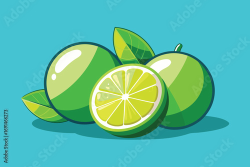 Vibrant illustration of fresh green limes with one sliced in half on a bright turquoise background