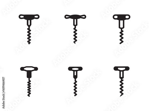 Collection of Six Simple Black Corkscrew Illustrations for Wine Lovers and Barware Enthusiasts on White Background