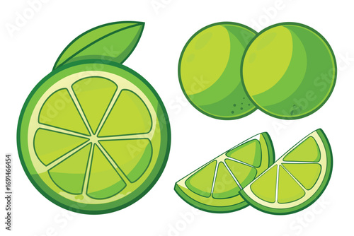 Vibrant cartoon illustration of fresh green limes whole sliced and in wedges on a white background
