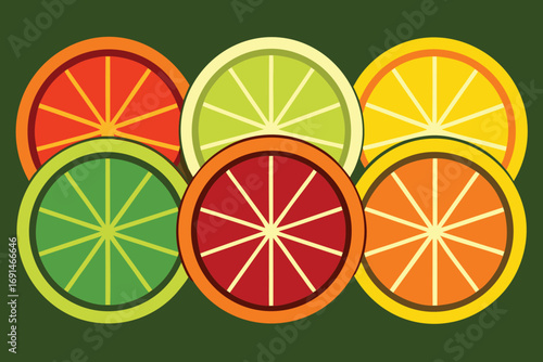 Vibrant sliced citrus fruits arranged in a colorful pattern on a dark green background