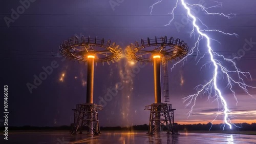 Tesla coils generating arcs during a lightning storm