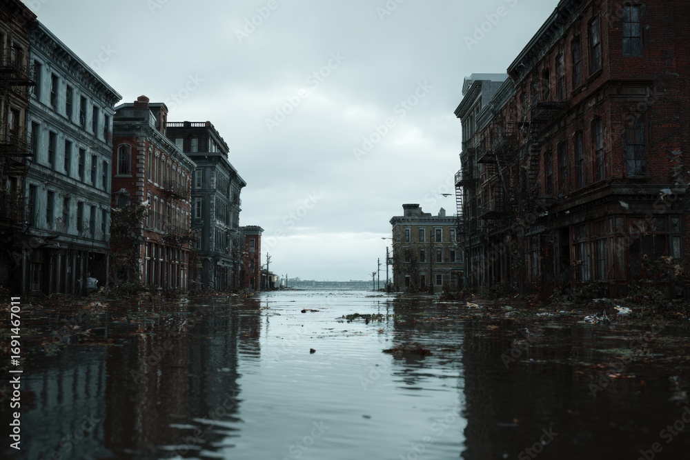 Naklejka premium Flood-ravaged city street